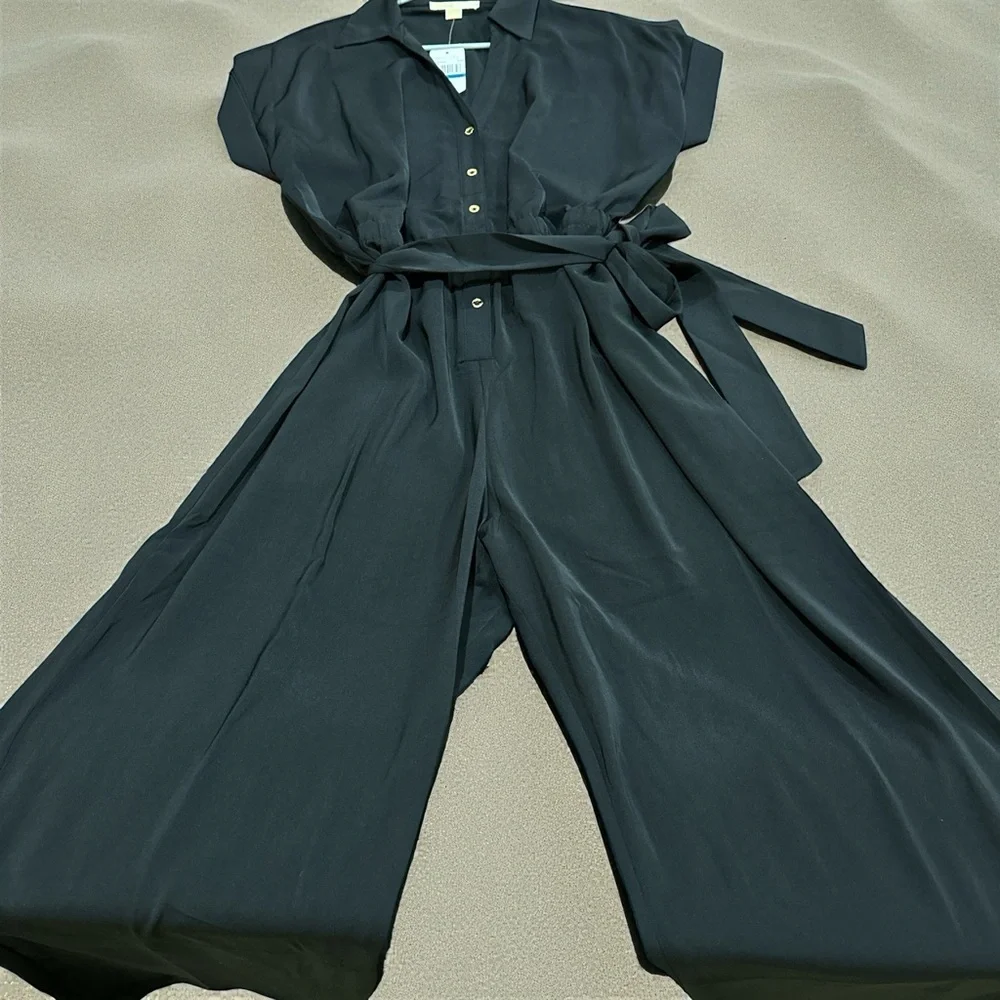 NWT Michael Kors Black Jumpsuit belted button front cuffed short sleeve XL $155